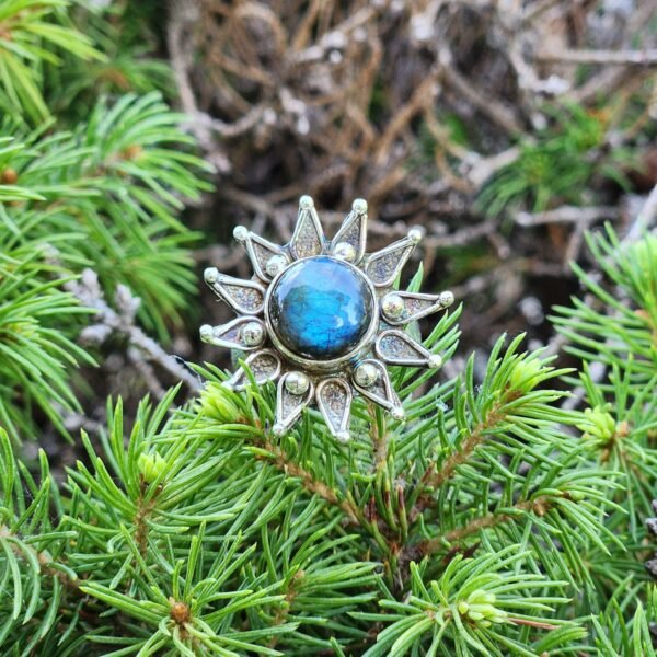 Sterling Silver Flash Labradorite Flower Adjustable Ring