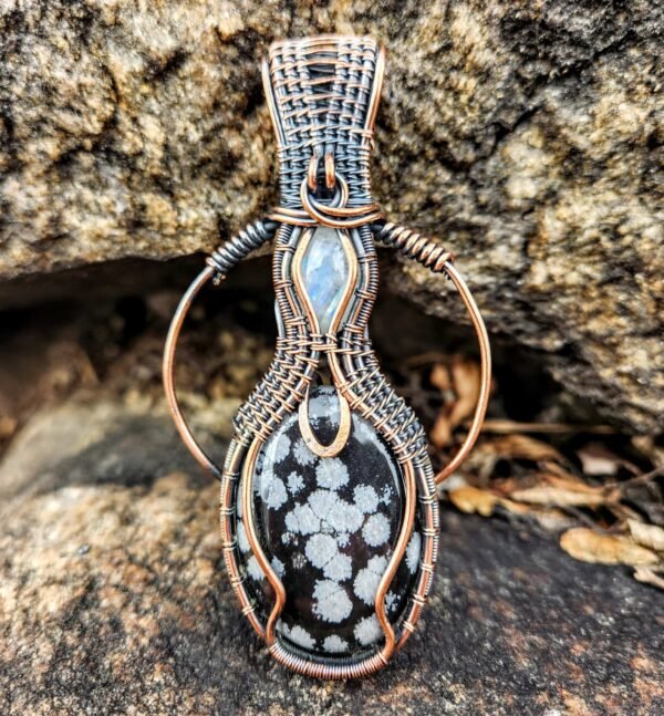 Snowflake Obsidian and Moonstone Halo Copper Wire-Wrapped Pendant