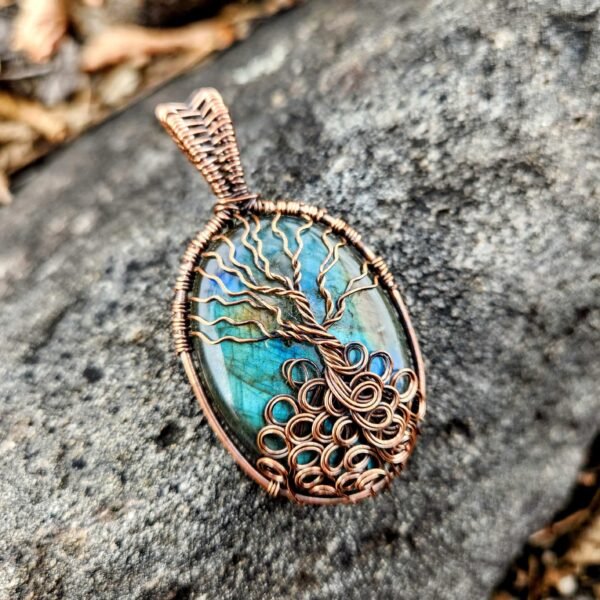 Flash Labradorite World Tree Copper Wire-Wrapped Pendant