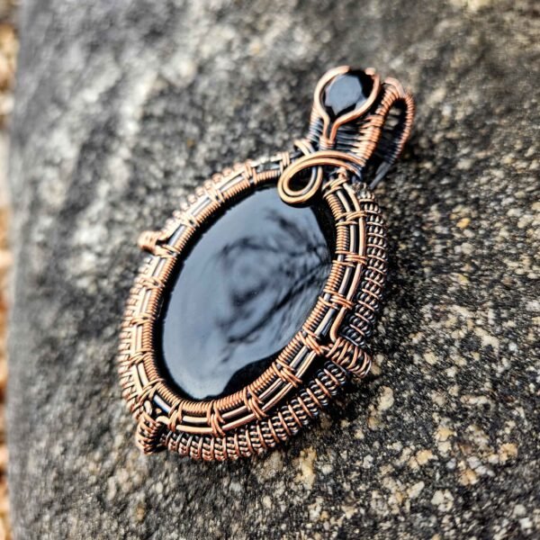 Black Onyx Cabochon Copper Wire-Wrapped Pendant