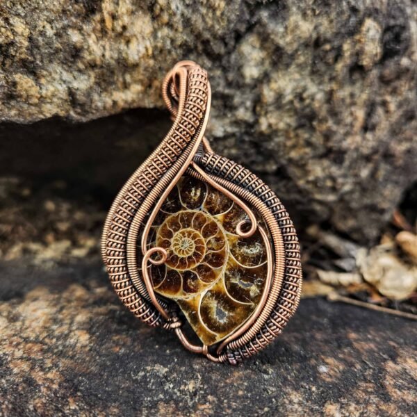 Ammonite Fossil Snaked Copper Wire-Wrapped Pendant