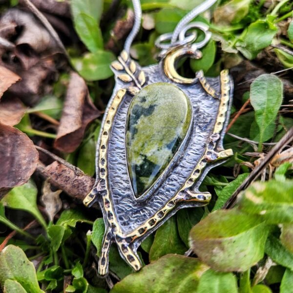 Sterling Silver Gogunjula Stone Moon and Leaves Pendant