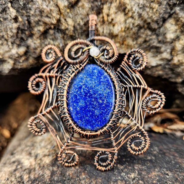 Lapis Lazuli Spider Web Copper Wire-Wrapped Pendant