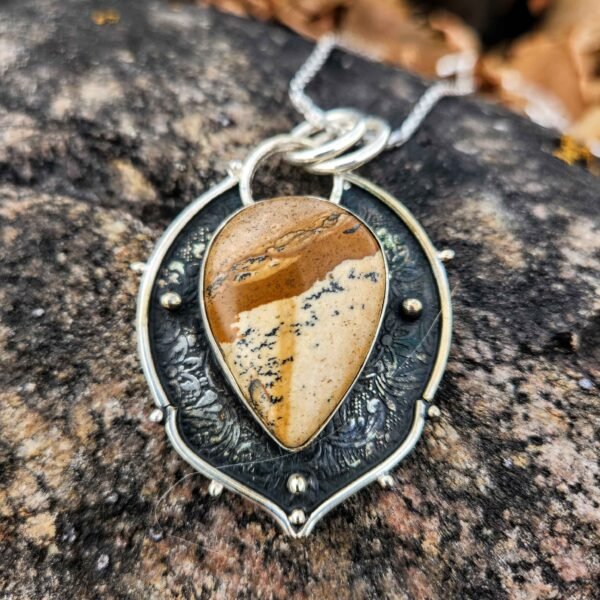 Sterling Silver Picture Jasper Engraved Shield Pendant